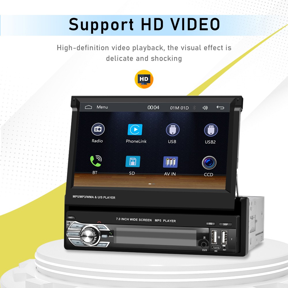 7″ Car Radio Single 1Din Retractable Wireless CarPlay Stereo Touch Screen BT FM
