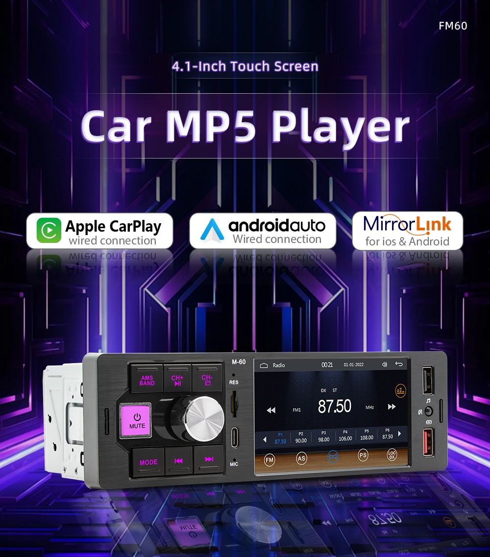 4.1in 1DIN Carplay Car Stereo Radio MP5 FM60 Type-C Bluetooth Mirror Link