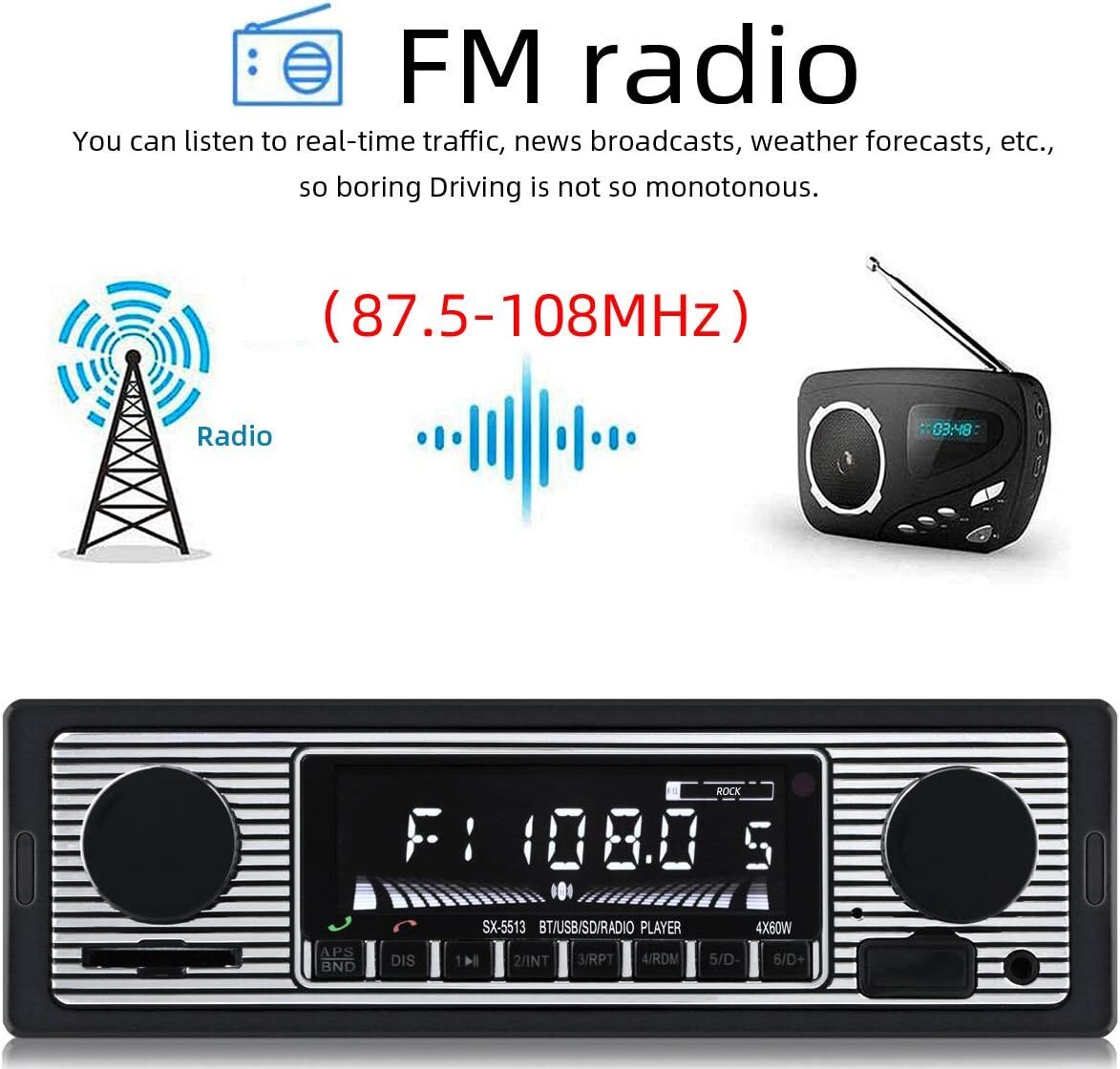 Bluetooth Car Radio Vintage MP3 Player FM USB AUX Classic Stereo Audio Receiver