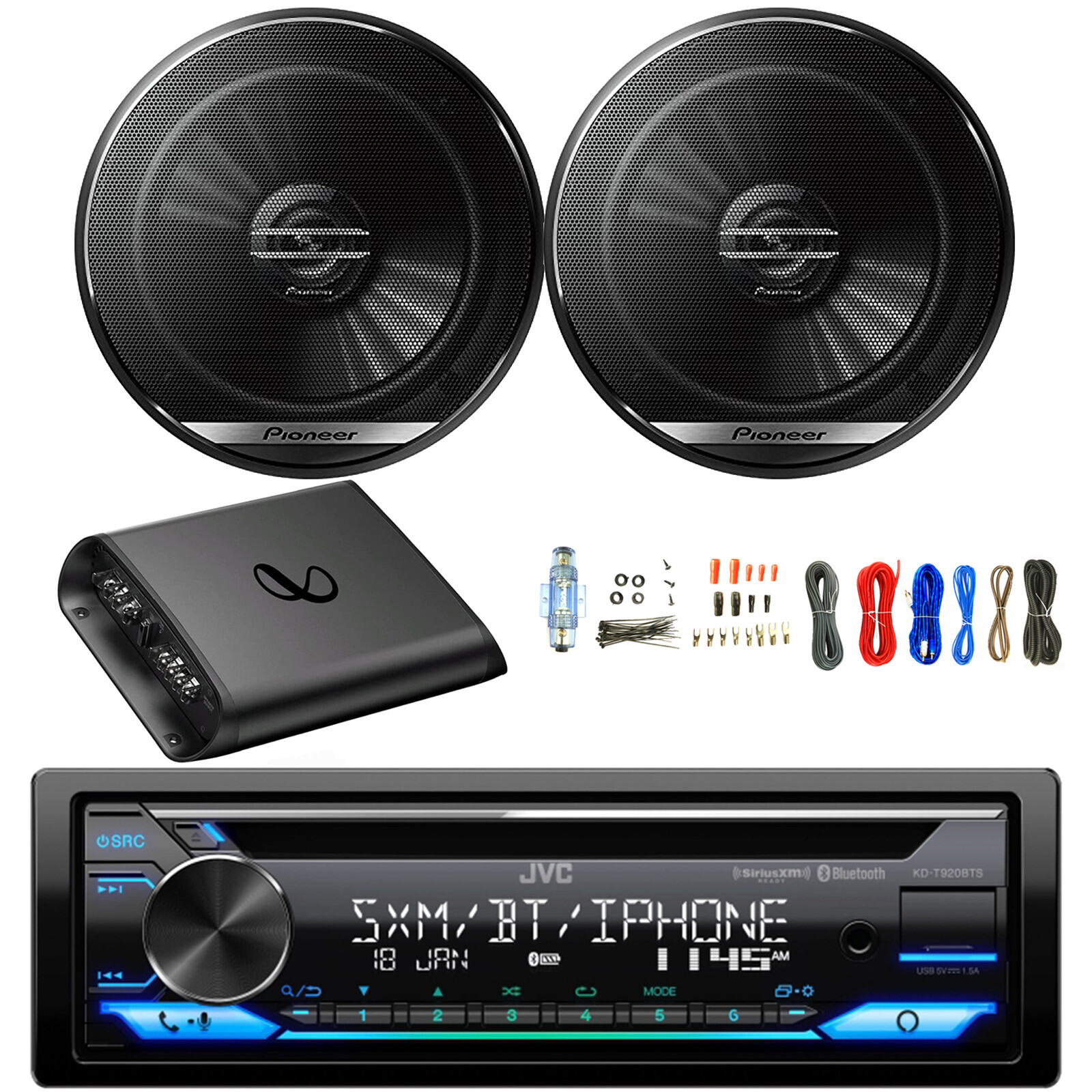 JVC Single DIN Bluetooth AM/FM CD Receiver, 2x 6.5″ 300W Speakers, Amp w/Kit