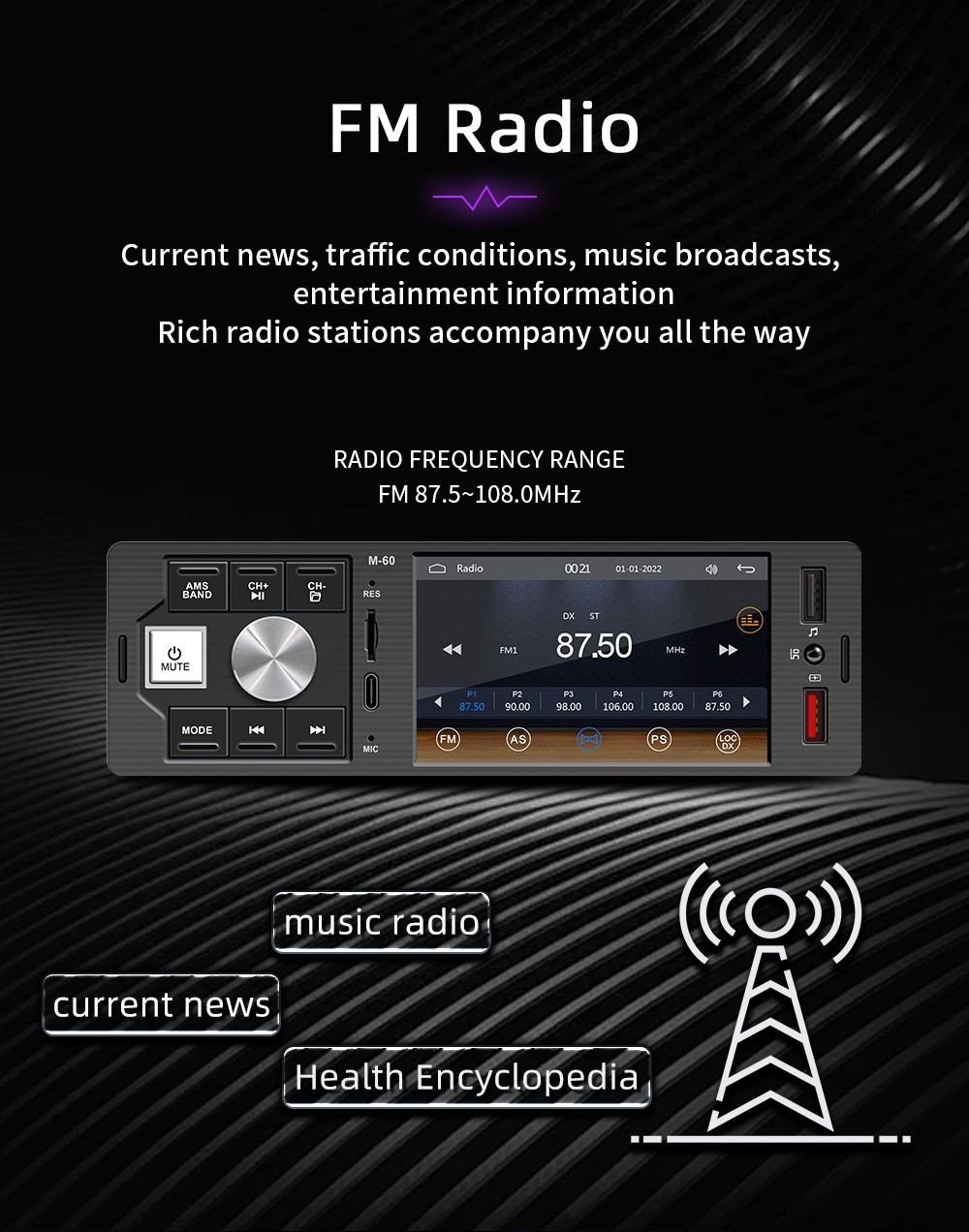 Bluetooth Mirror Link Type-C MP5 4.1in 1DIN Carplay Car Stereo Radio FM60
