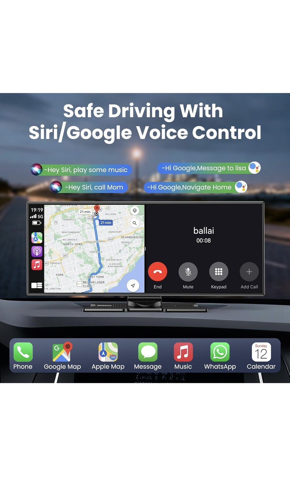 Largest 11.5 inch Wireless CarPlay Screen for Car,Built-in N black