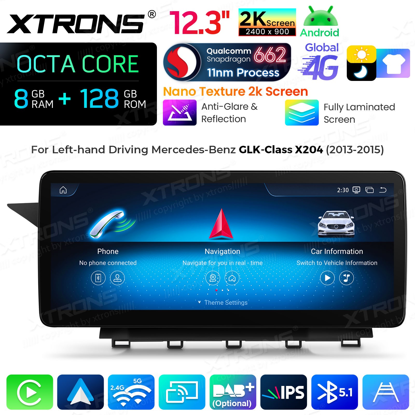 For Mercedes Benz GLK Class X204 Android 14 Stereo 12.3″ 2K Nano Display 8+128GB