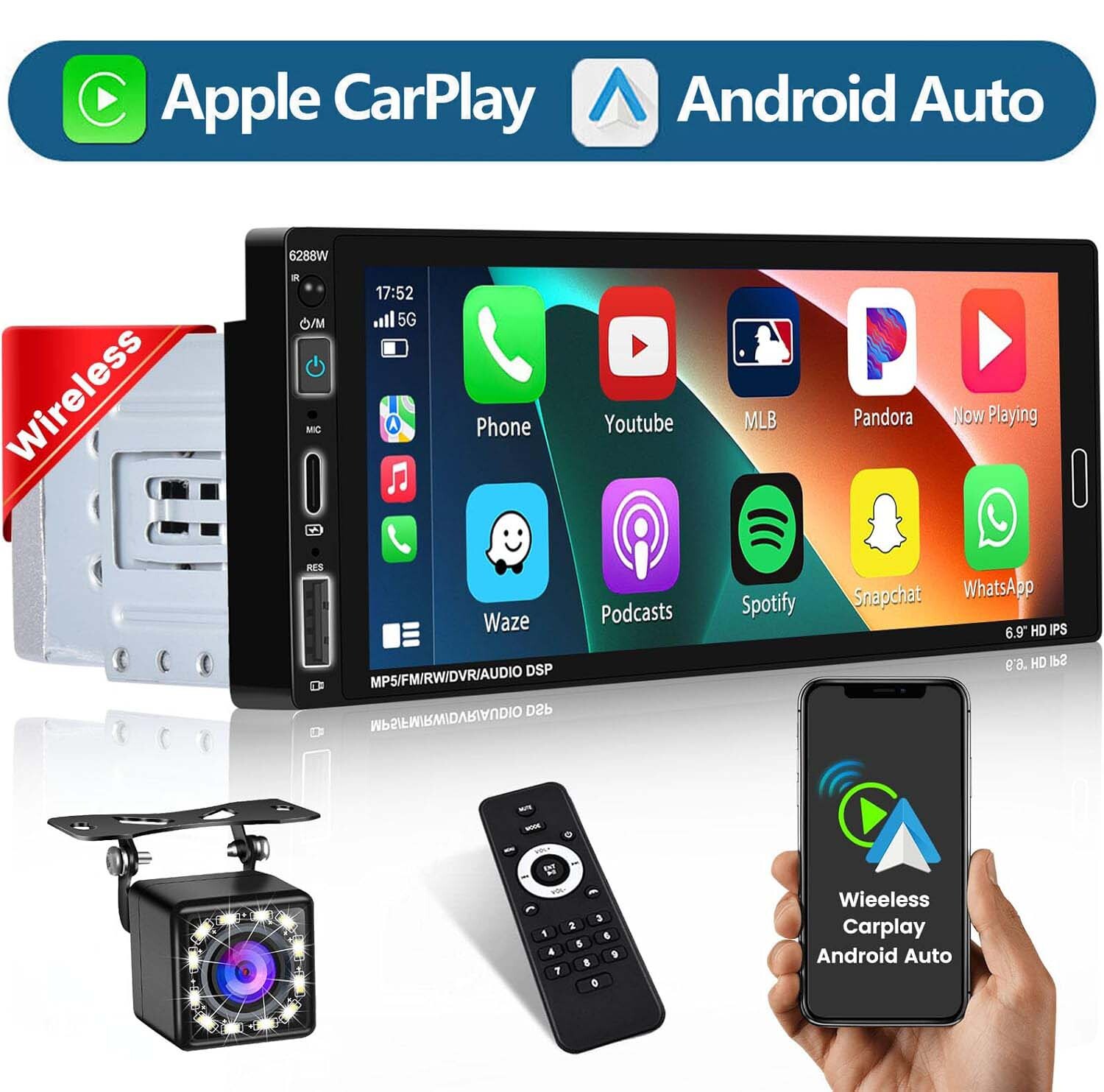 Single Din 6.9″Touch Screen Stereo Bluetooth Radio Car Apple/Android Carplay GPS