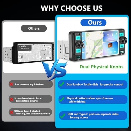 Single Din Touchscreen Car Stereo – Wireless Apple CarPlay, Android Auto, Blueto