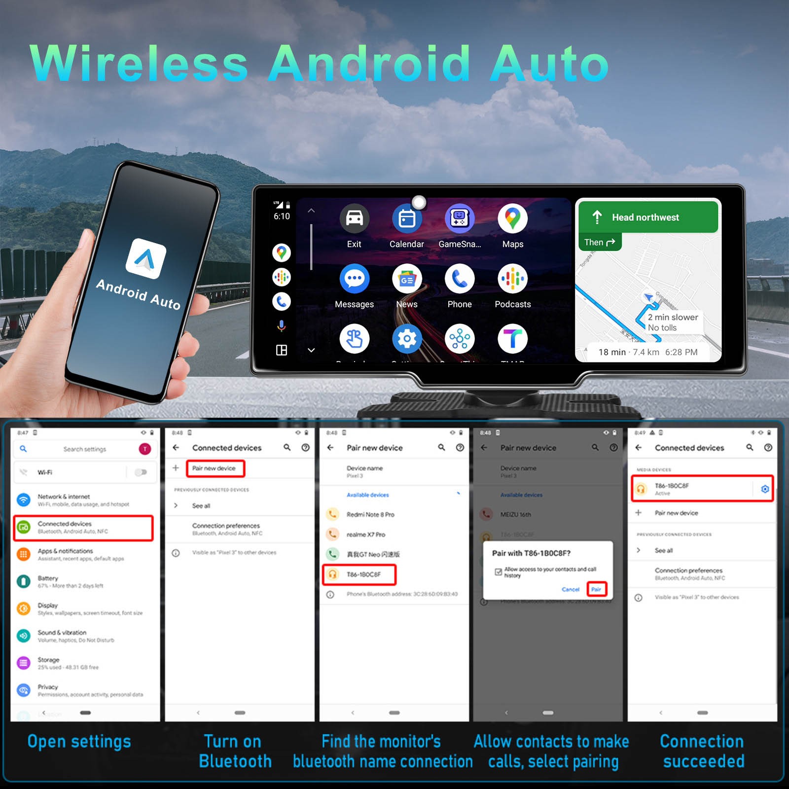 10.26″ Portable Bluetooth Car Navigation Wireless Carplay HD Large Touch Screen