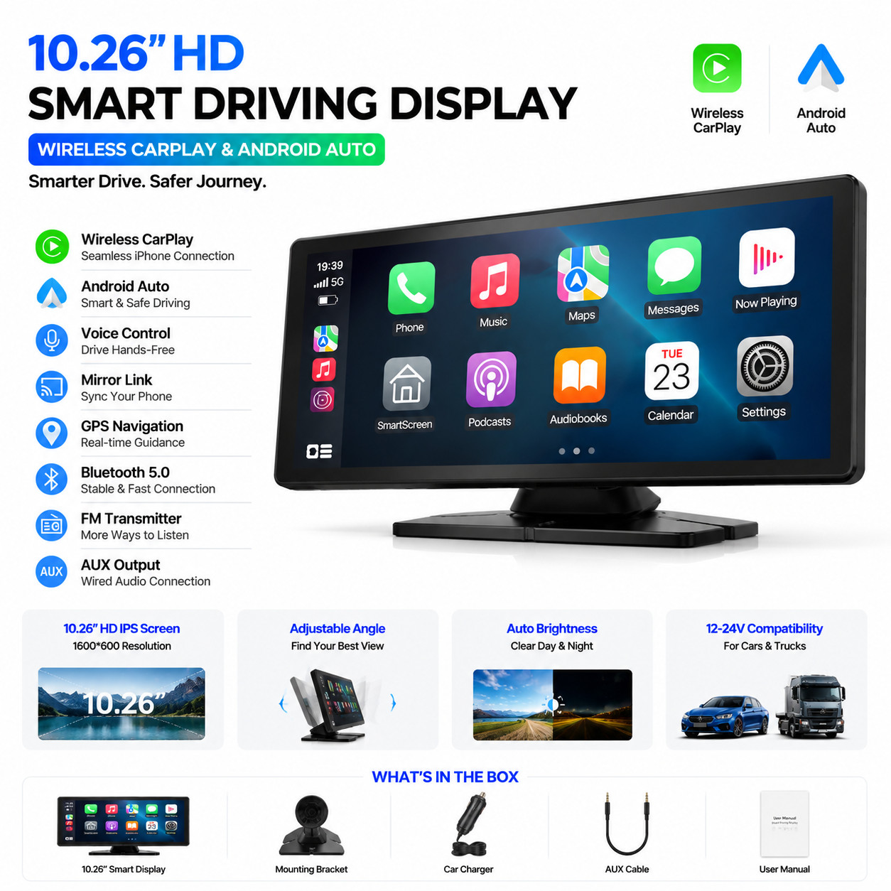 Lamtto 10.26″ Touch Screen Portable Car Stereo Wireless CarPlay Voice Control FM