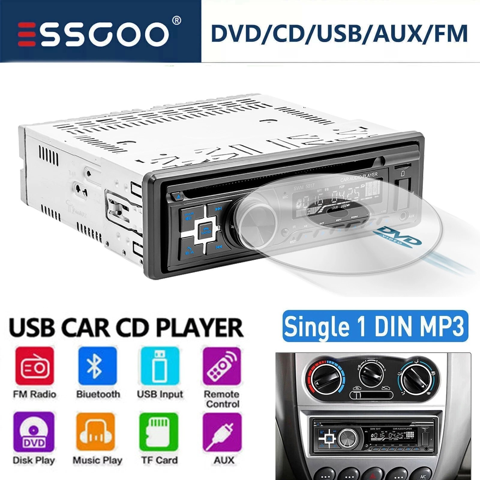 Single Din Car Stereo Radio with CD/DVD Player USB Bluetooth FM AM RDS SD AUX