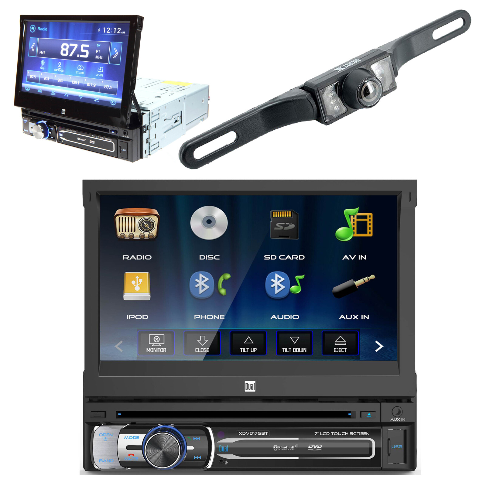 Dual XDVD176BT 7″ Bluetooth 1-Din DVD Receiver Motorized Touchscreen + CAM-95BK