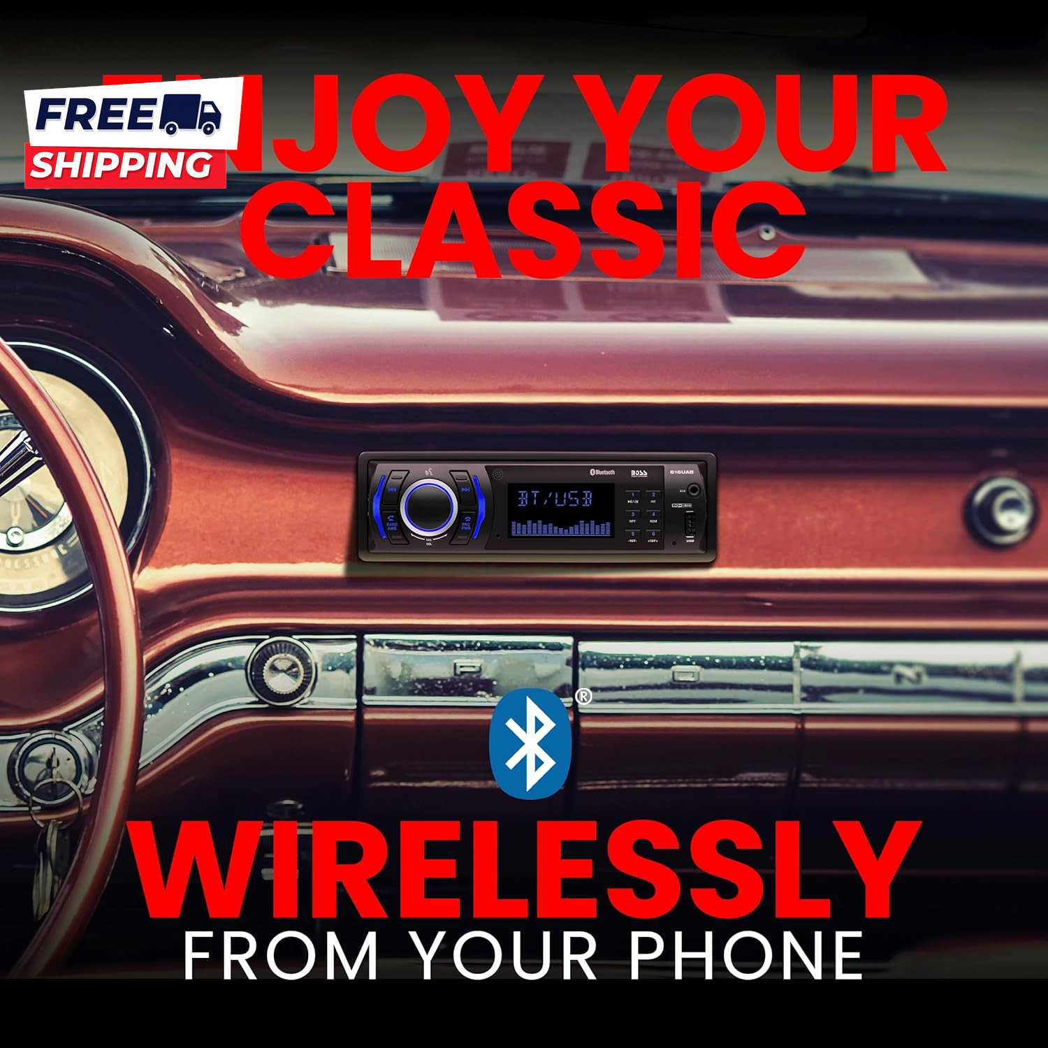 616UAB Car Stereo with Bluetooth – Single DIN MP3 USB Aux-In AM/FM
