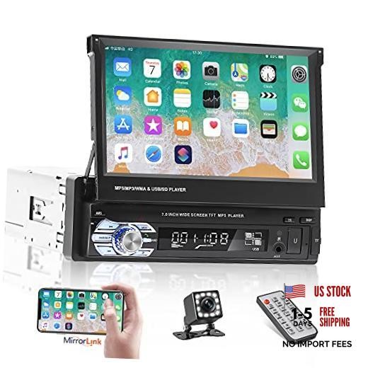 Bluetooth Single Din Car Stereo 7 Inch Retractable Touchscreen with Mirror Link