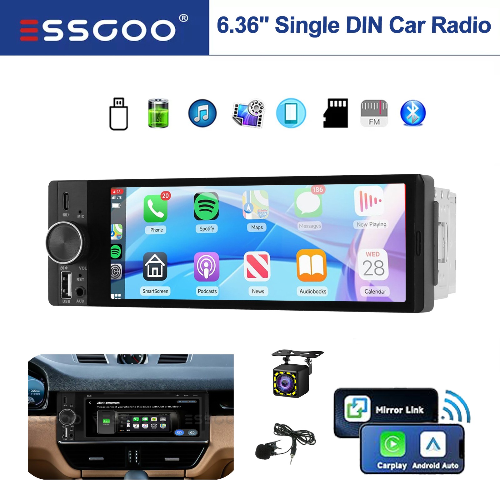 Single 1DIN 6.36″ Apple CarPlay Car Radio Stereo MIC&Camera USB Bluetooth FM AUX