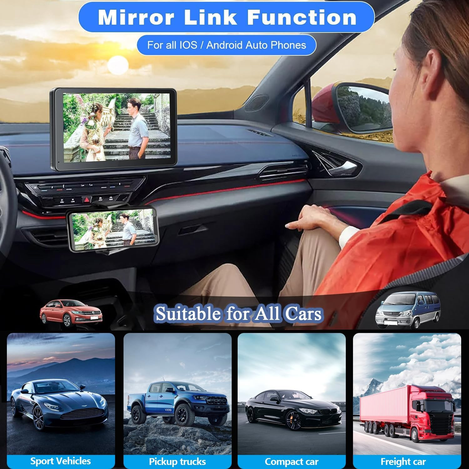 Portable Wireless with Apple Carplay and Android Auto Screen for Car, 7″ HD Touc
