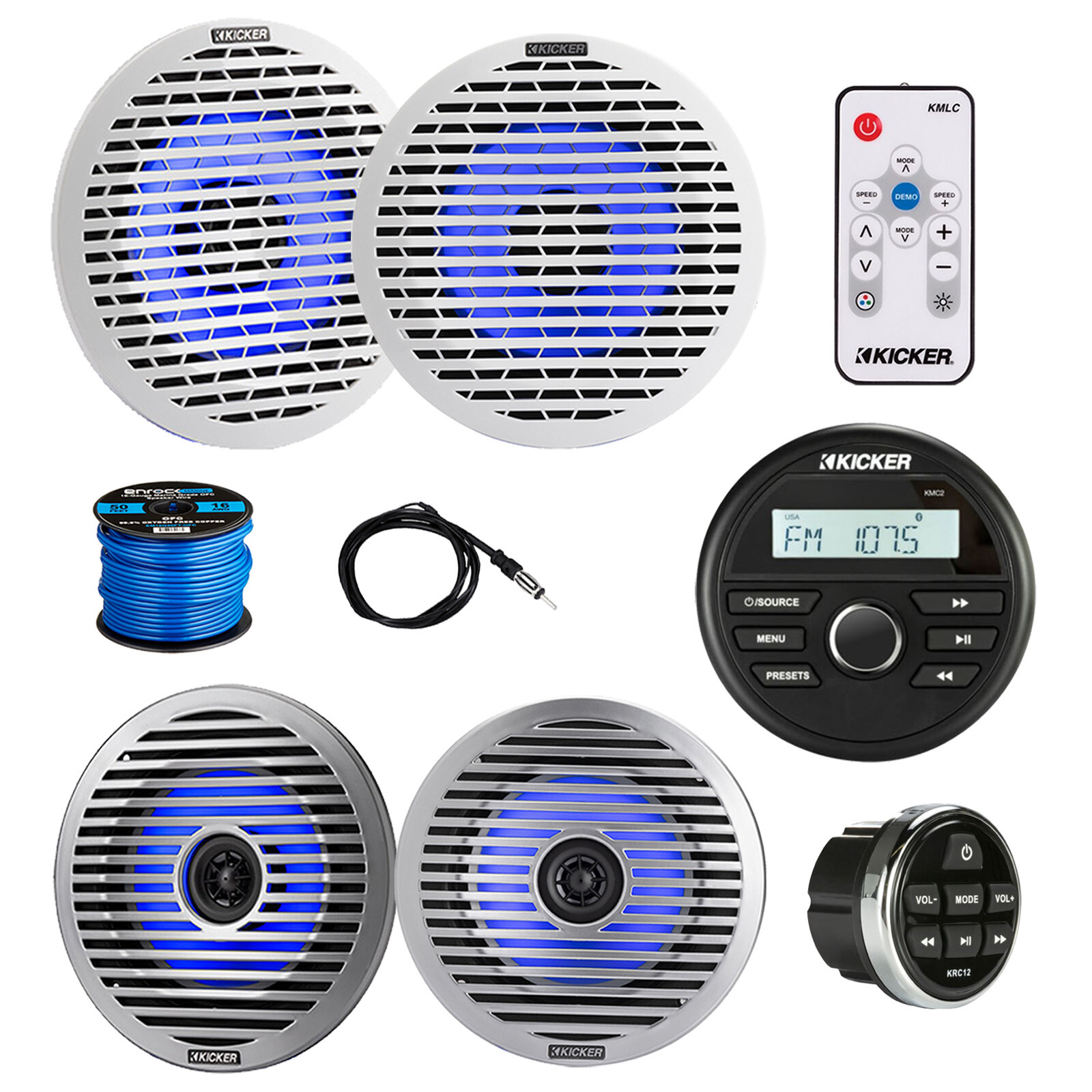 Kicker Marine Receiver,Remote, 4x 6.5″ LED Speaker,Grilles, Wire, Antenna,Remote