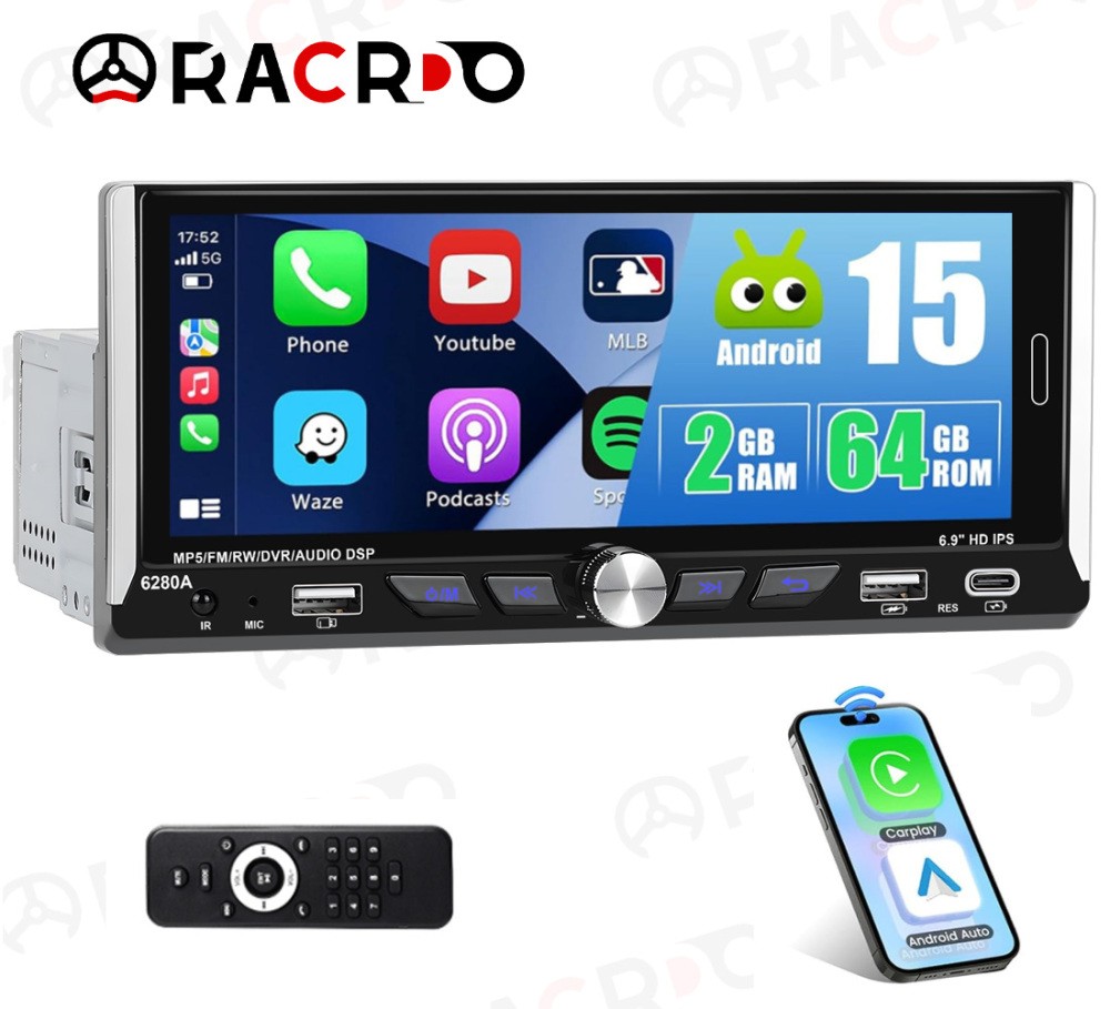 2+64GB Single Din Car Stereo Wireless Apple CarPlay 6.9 touchscreen BT Radio USB