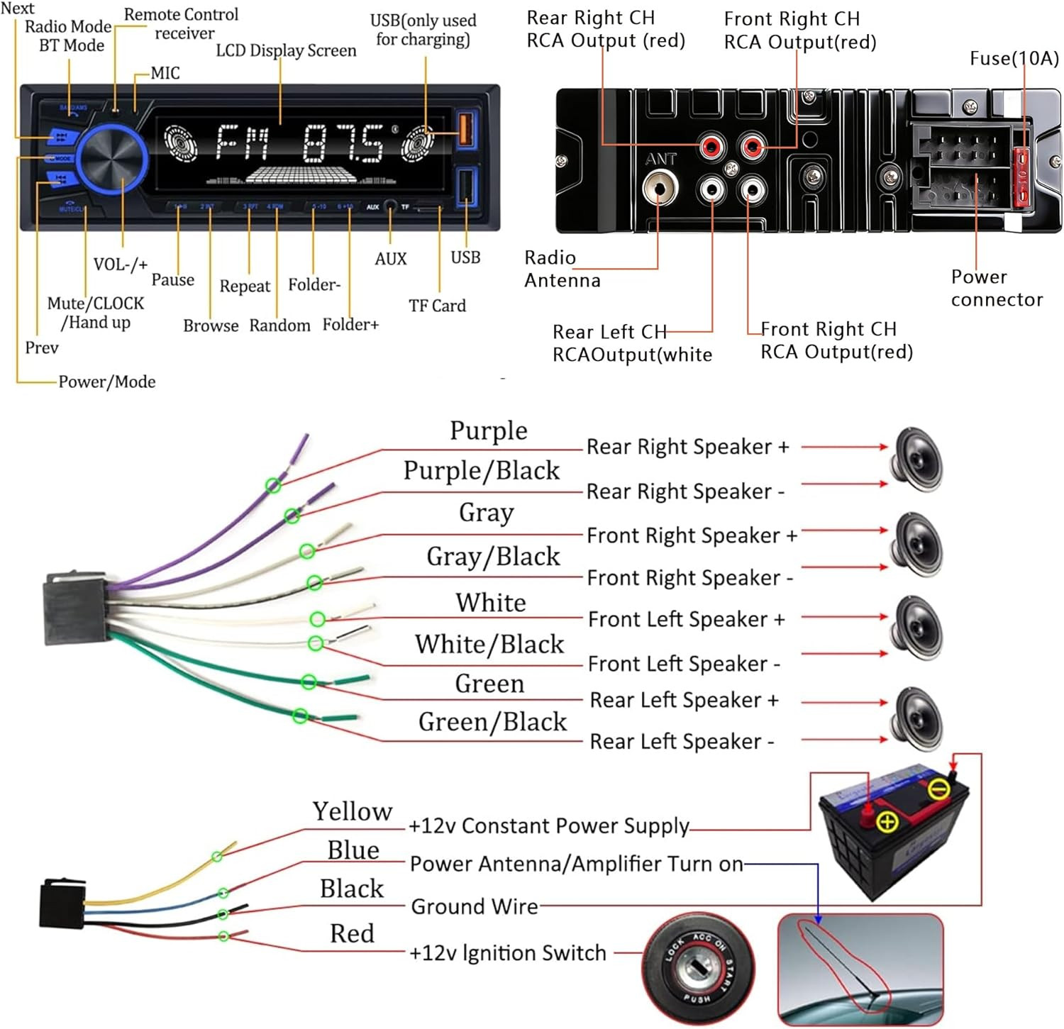 Audio Marine Radio Head Unit FM Car Stereo for Car or Boat USB AUX MP3 Bluetooth
