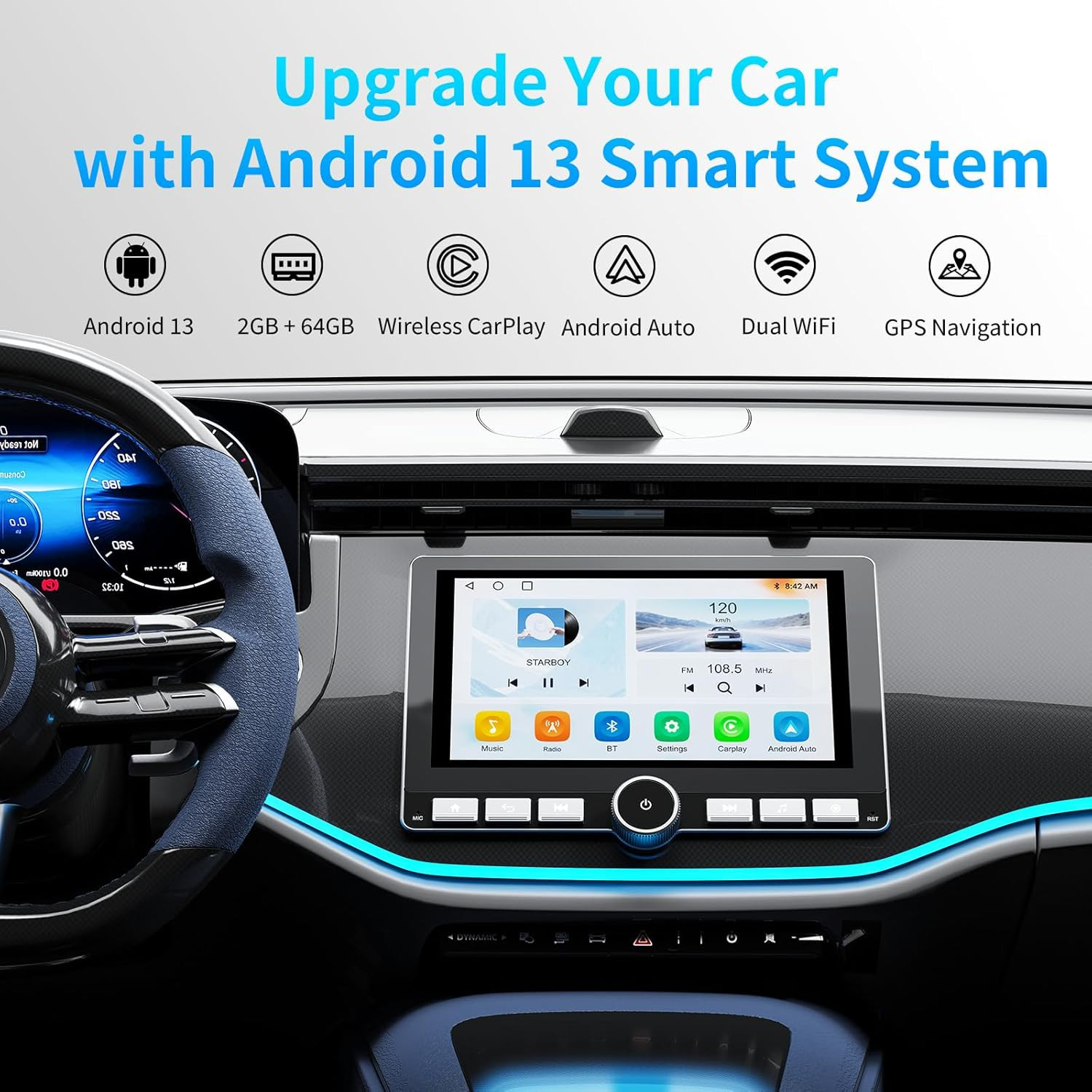 10.1” Double Din Car Stereo with Wireless Apple Carplay & Android Auto, with DS