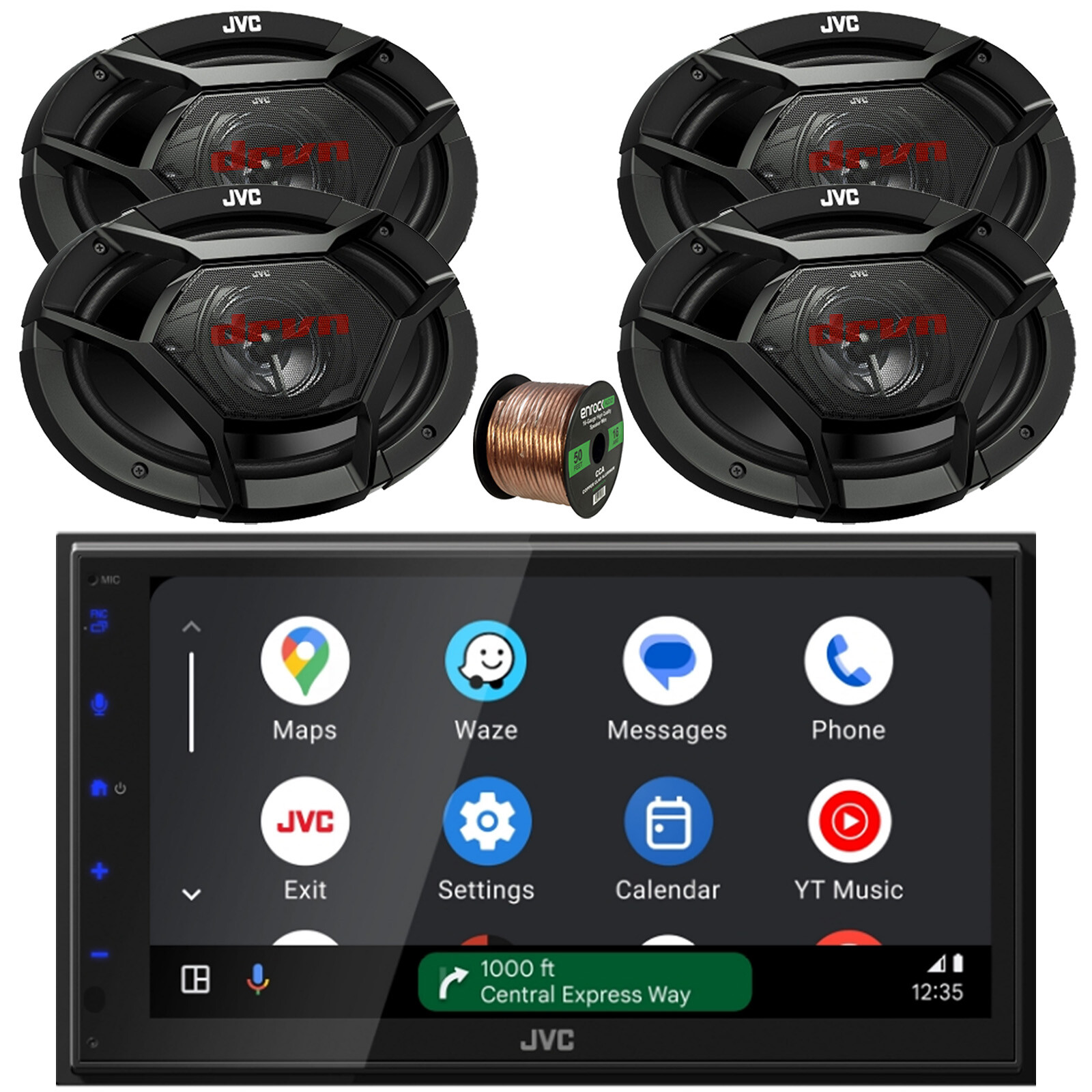 JVC KW-M690BW 6.8″ Touchscreen WiFi Bluetooth Radio, 4x 6×9″ Car Speakers, Wire