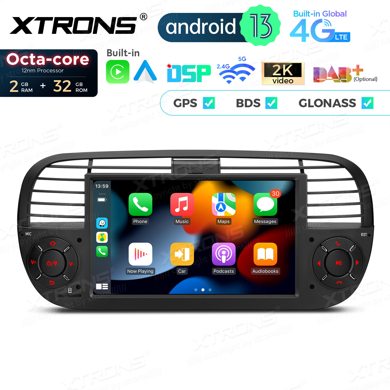 4G LTE Octa-Core CarPlay Android 13 Car GPS Stereo Radio WiFi 2+32G For Fiat 500