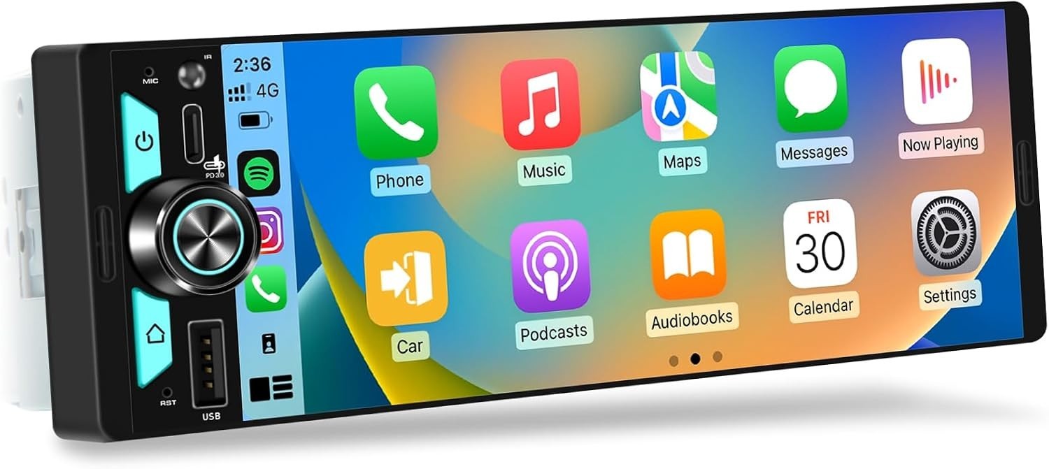 Single Din CarPlay Multimedia Receiver: 6.5 Inch Wireless Android Auto Car St…
