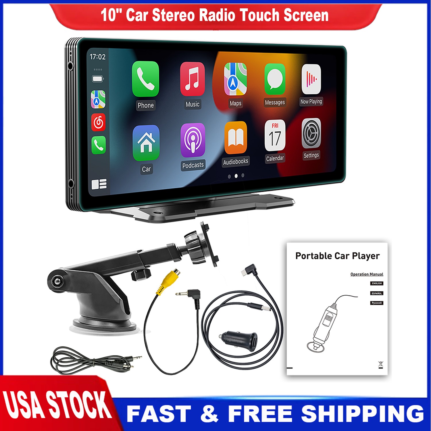10″ Car Stereo Radio Touch Screen Carplay WIFI GPS Voice Control W/360° Mounting