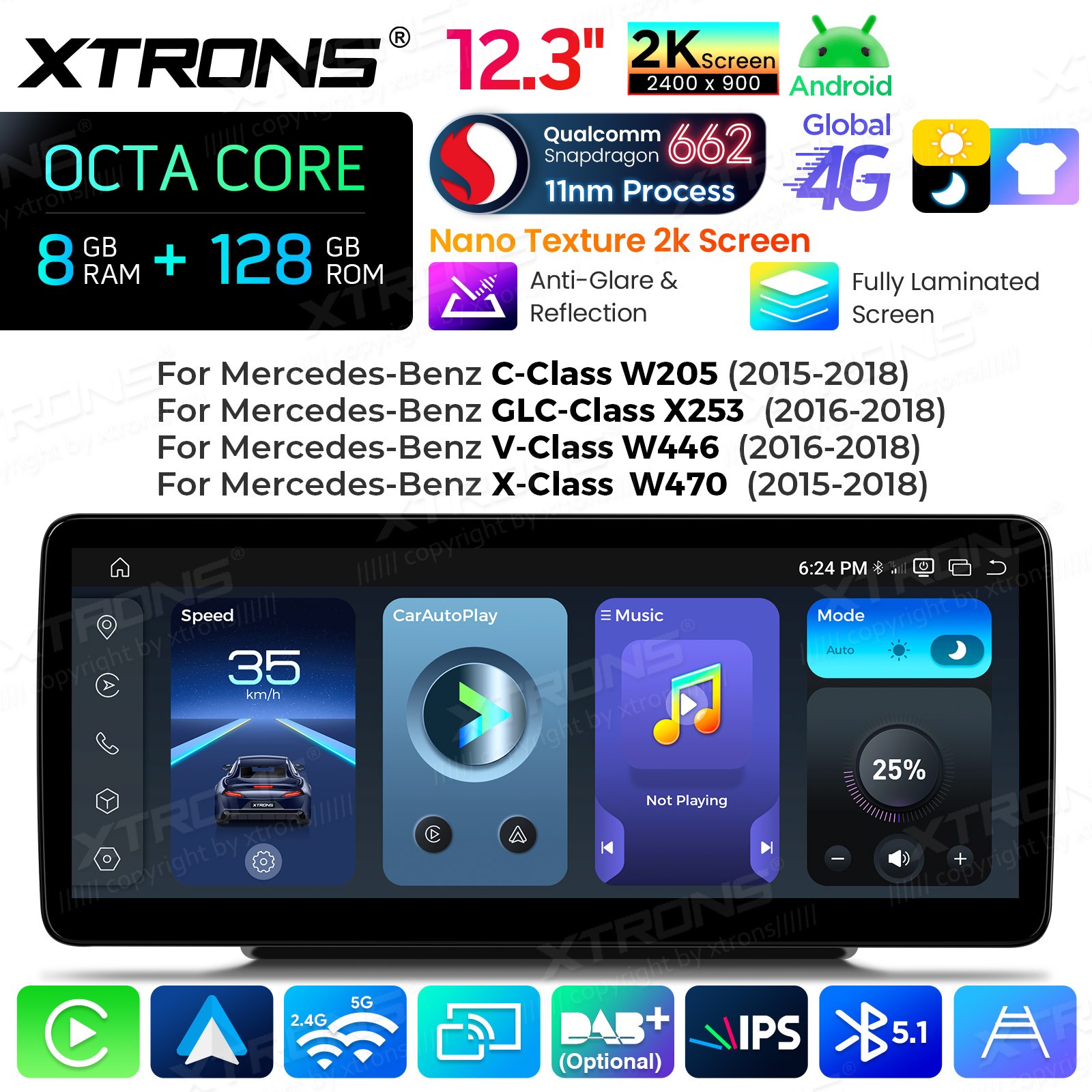 2K 12.3″ 8-Core Android Screen for Mercedes Benz C GLC W205 X253 NTG5.2 8+128G