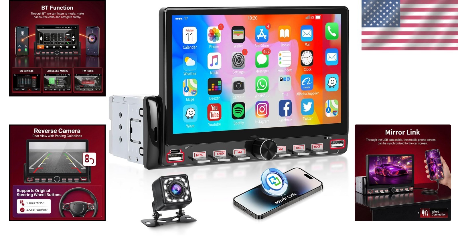 Single Din Touchscreen Car Radio with Bluetooth & Backup Camera Support