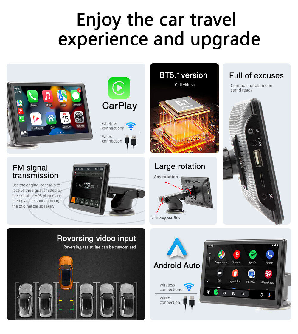 7″ Portable Car Stereo Apple Carplay Android Auto Touch Screen Radio Multimedia
