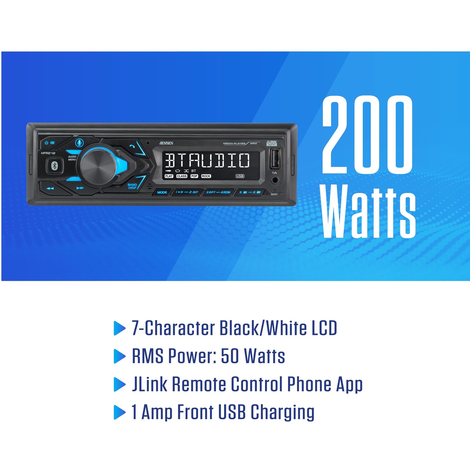 JENSEN MPR210 7-Character LCD Single DIN Car Stereo Radio | Black/White