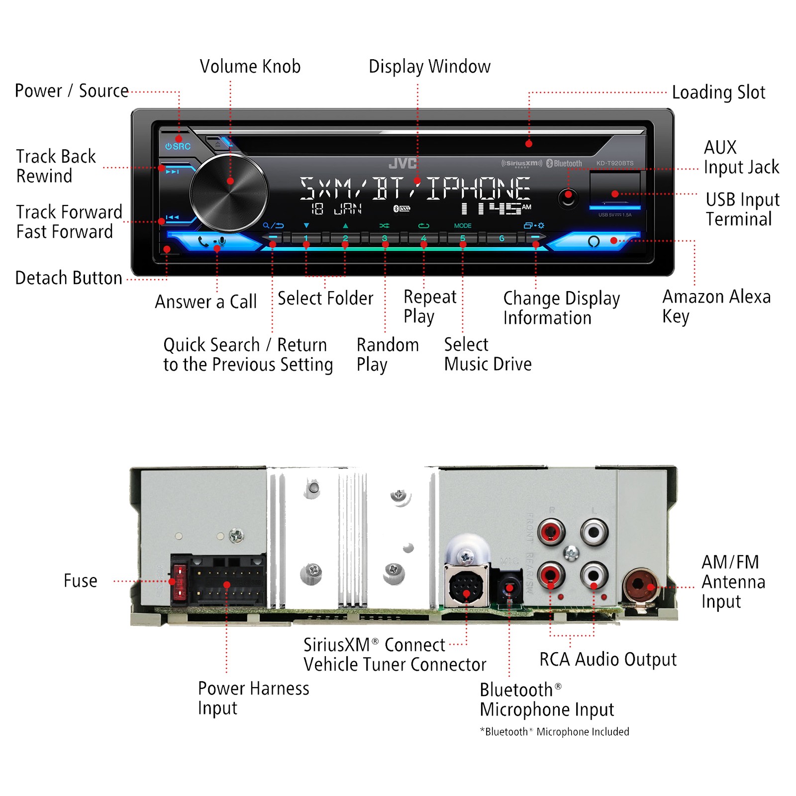 JVC KD-T920BTS Single DIN AM/FM Radio USB Bluetooth CD Player Car Receiver