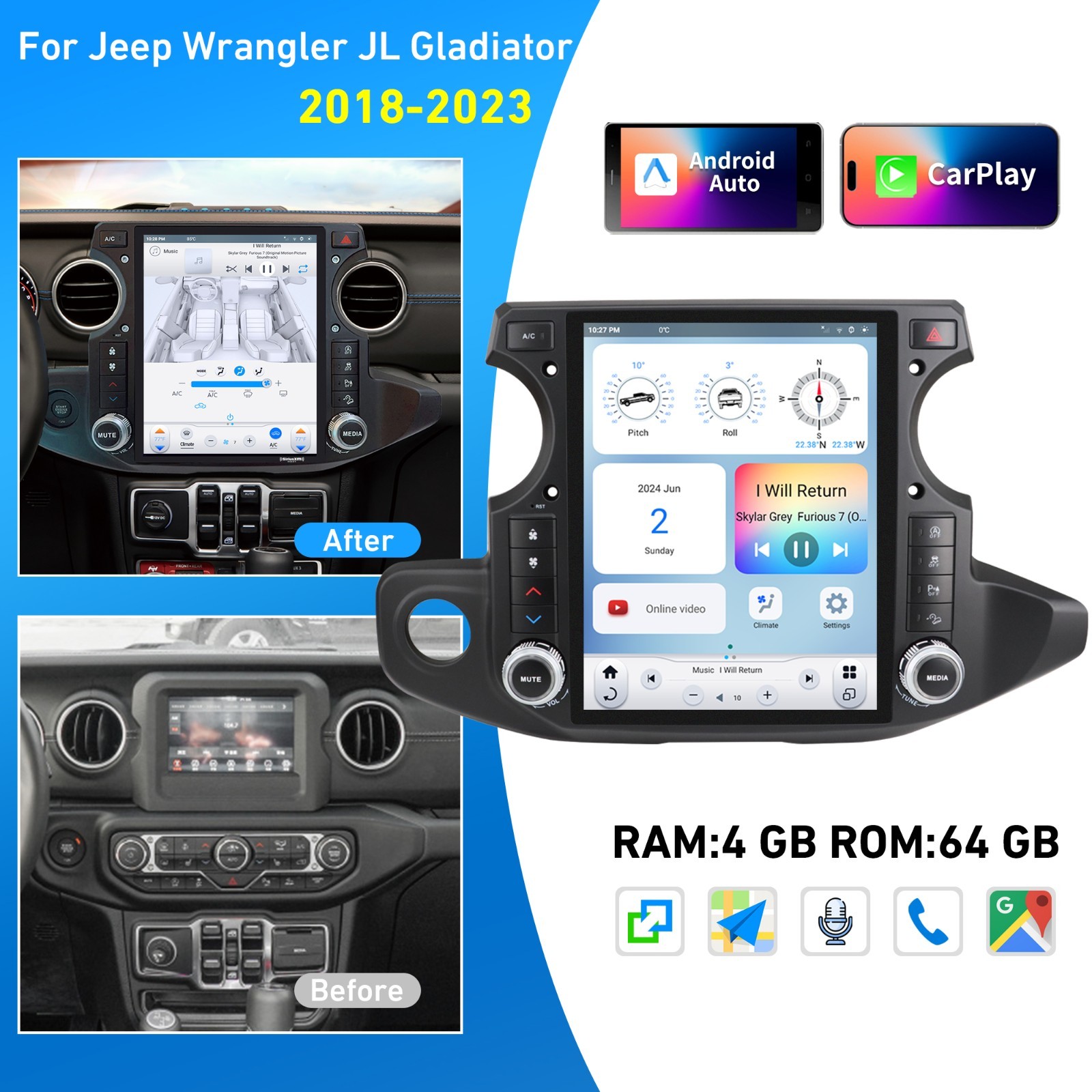 LINKSWELL GEN 6 T-Style Radio for Jeep Wrangler JL Gladiator 2018-2023 Carplay