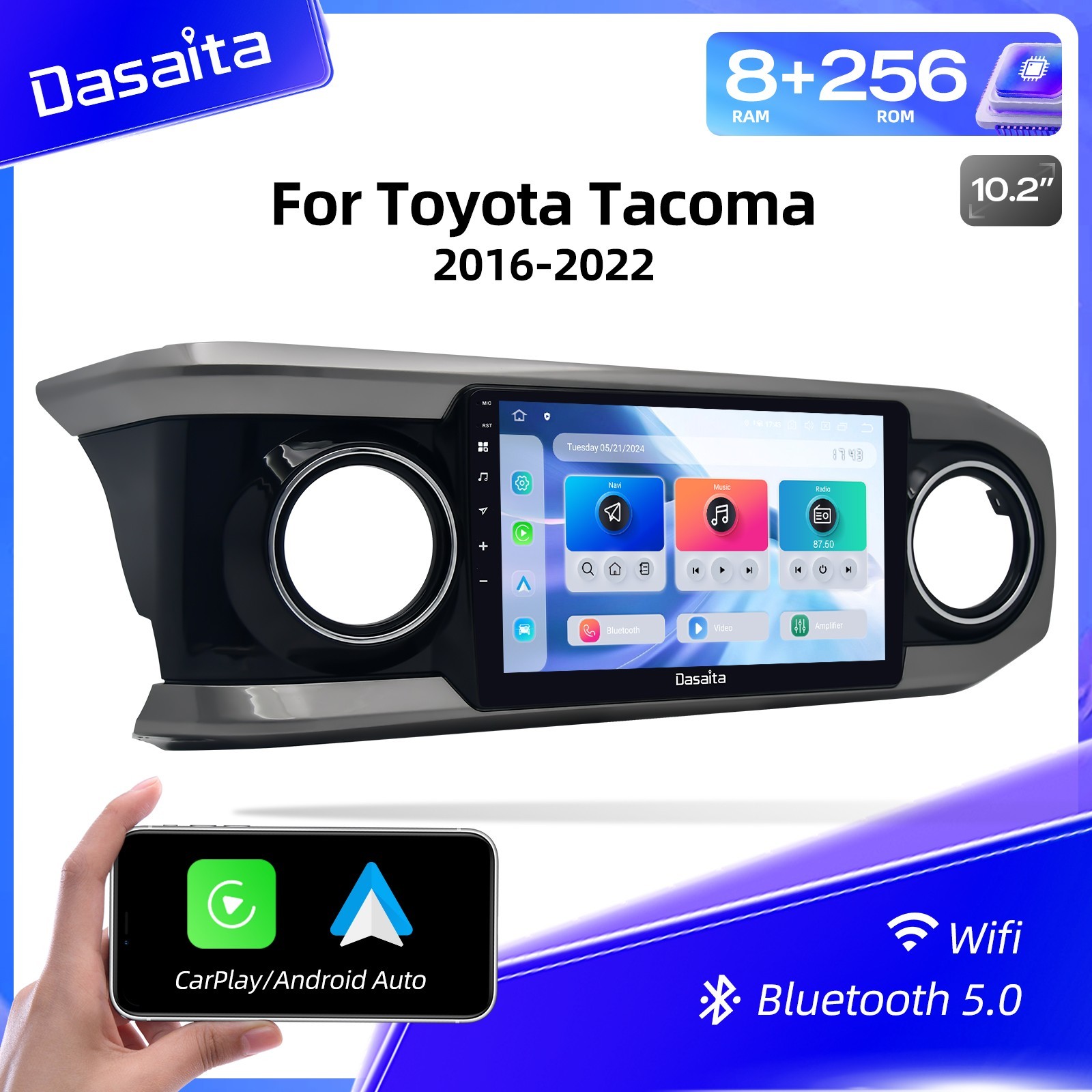 Dasaita 10.2″ Car Stereo for Toyota Tacoma 2016 to 2022 Apple Carplay Head Unit