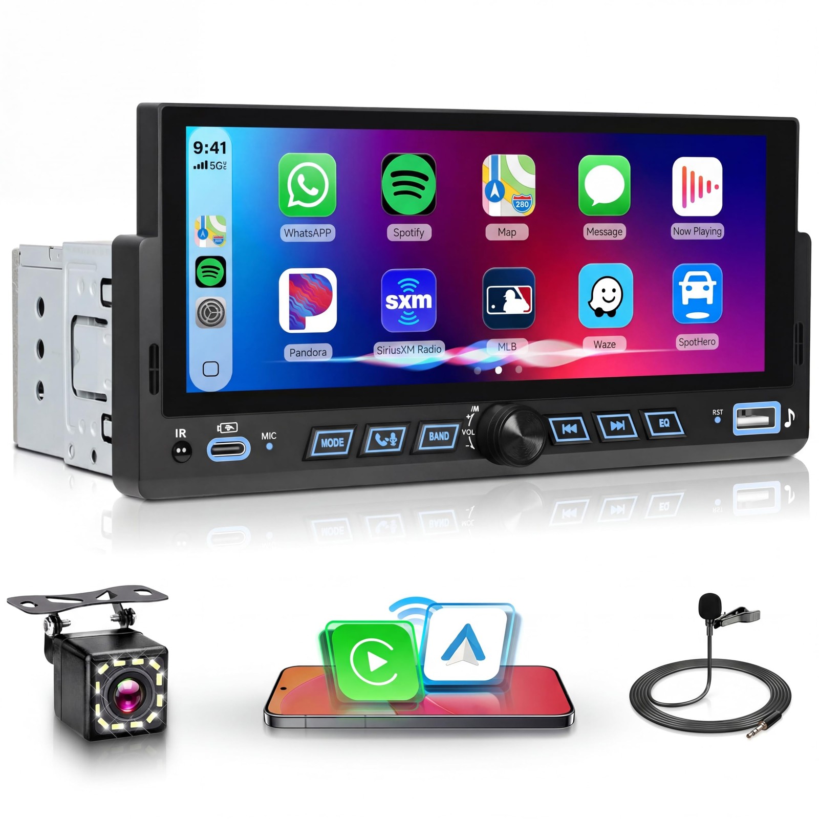Car Stereo Single Din Wireless Carplay 6.86 inch Touch Screen Android Auto, C…