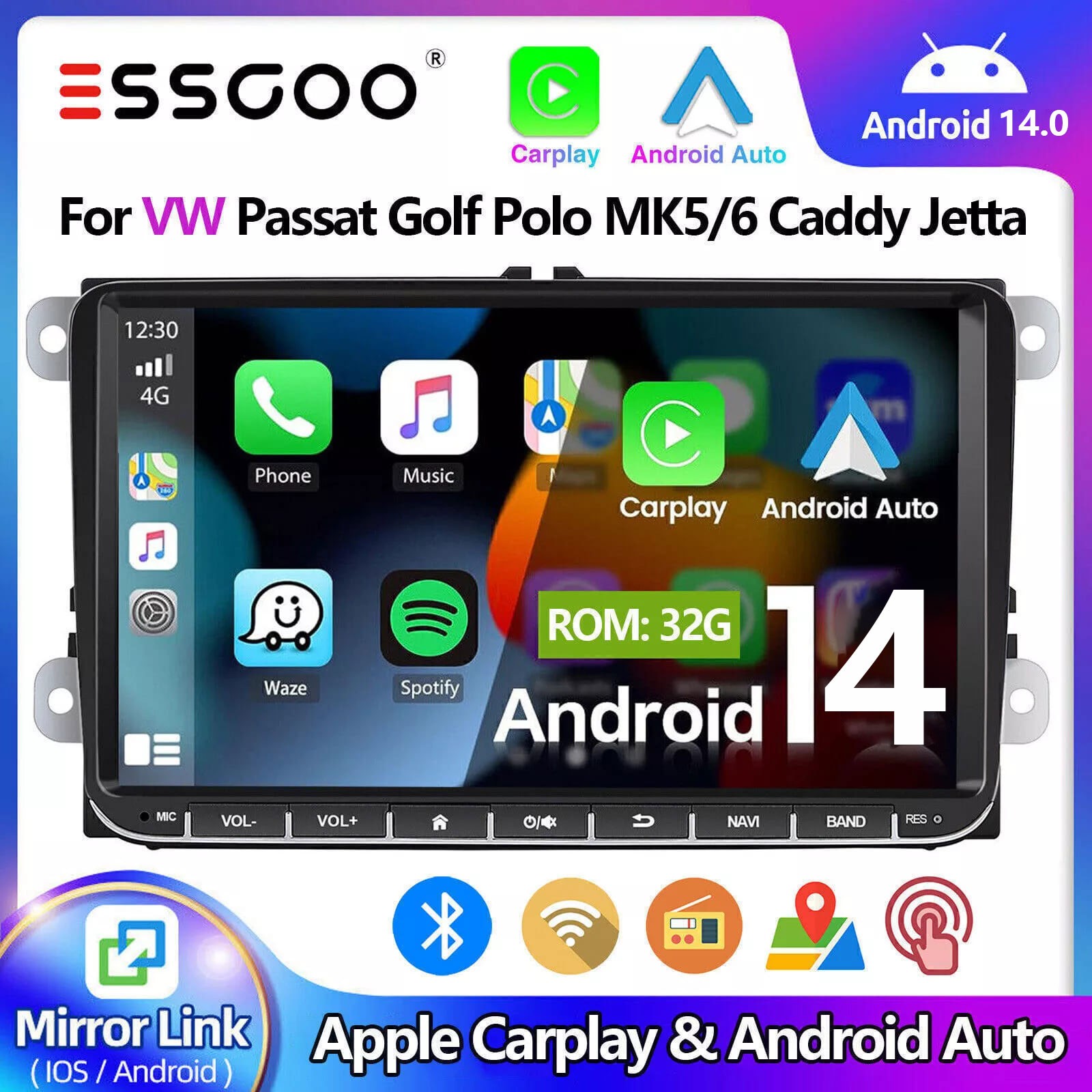 32G For VW GOLF MK5 MK6 9″ Carplay BT Car Stereo Radio GPS Android 14 MP5 Player