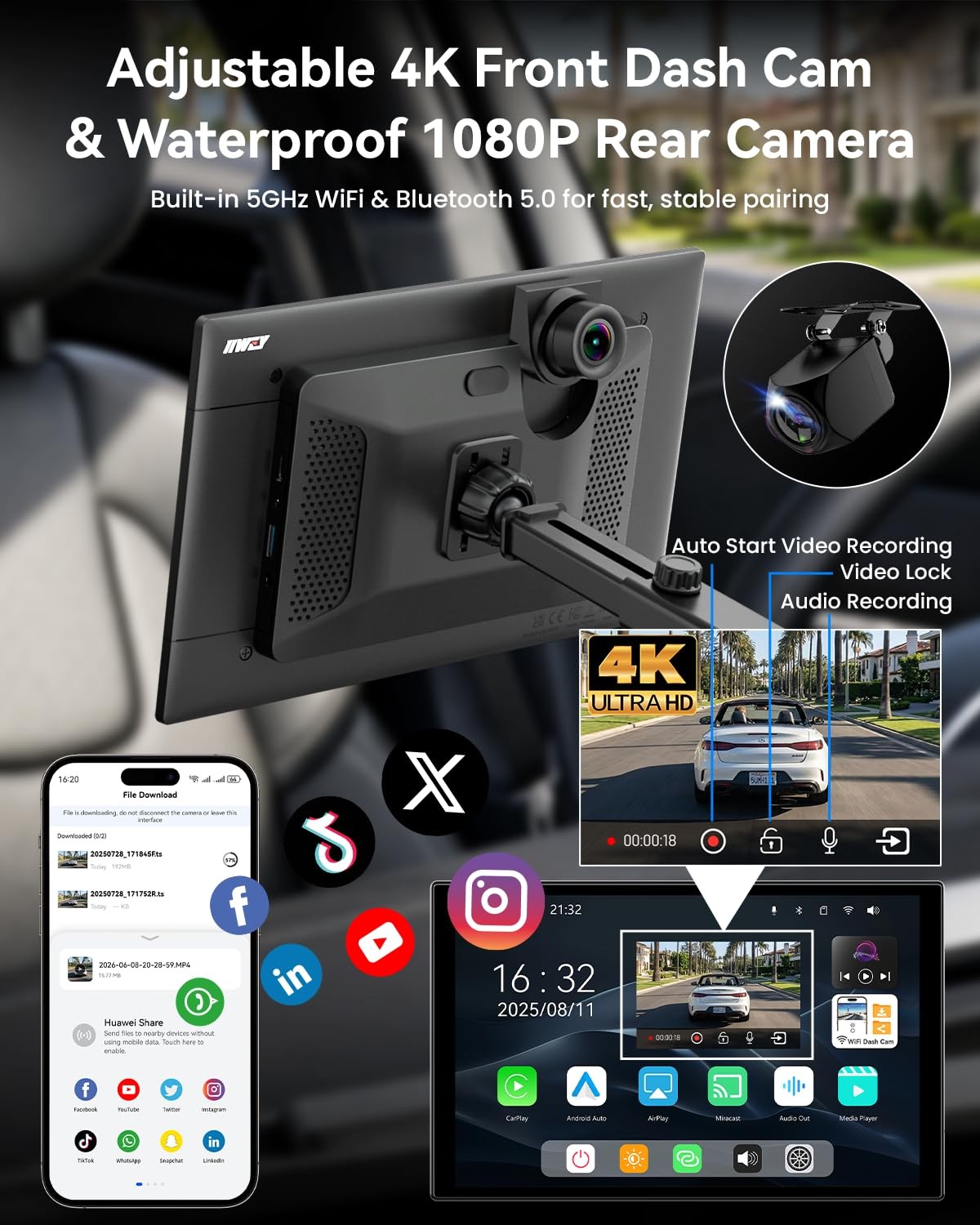 11” Wireless CarPlay & Android Auto Screen for Car, Full Laminated HD