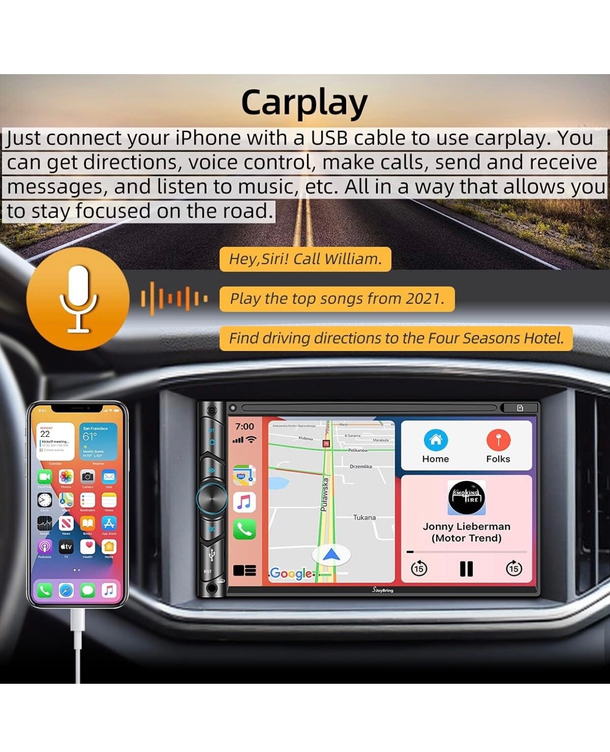 Double DIN CarPlay Multimedia Player, 7″ HD Capacitive Touchscreen, Car Stereo w