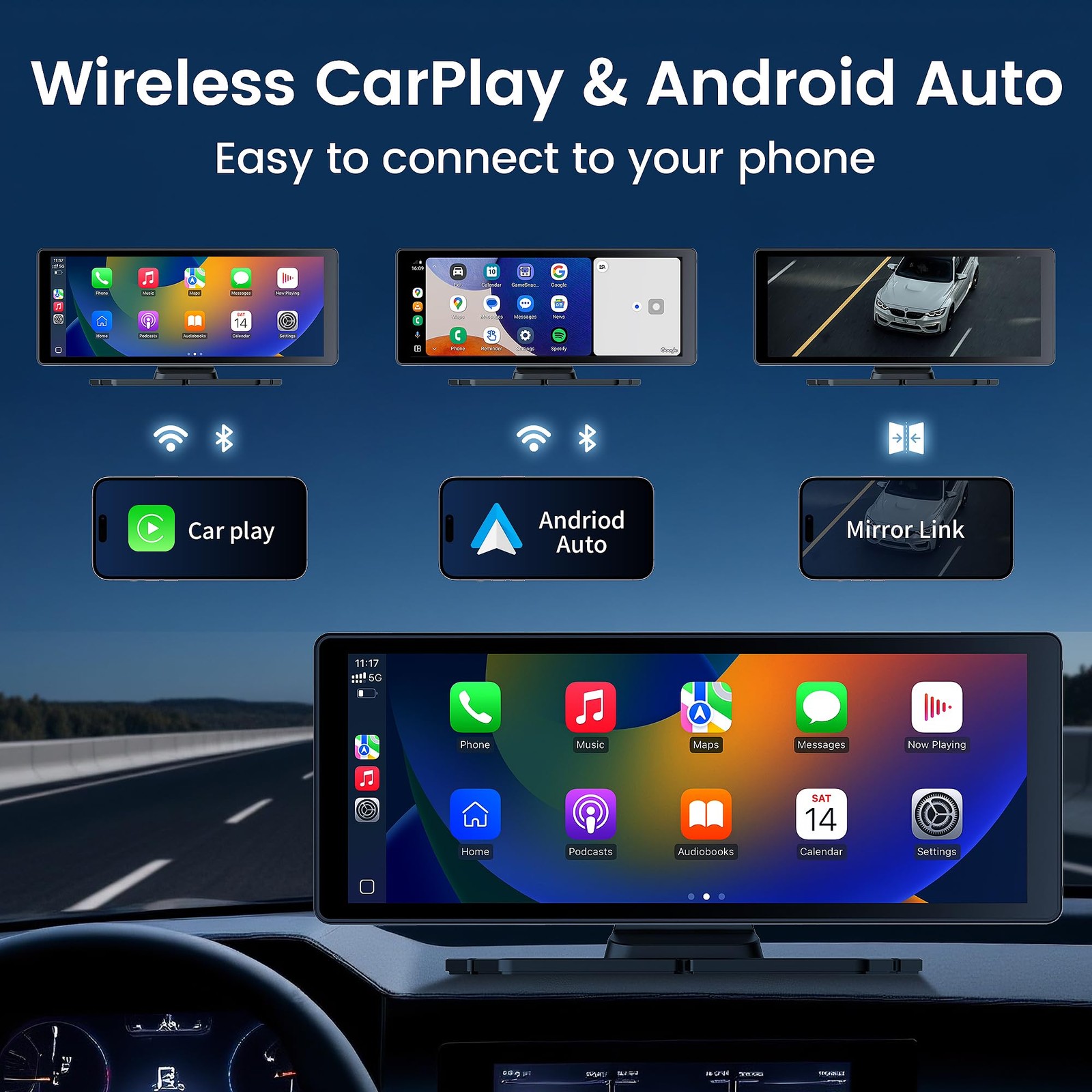 10.26″ Carplay Screen for Car,4K Dash Cam,Portable for Apple Android Auto,Voi…
