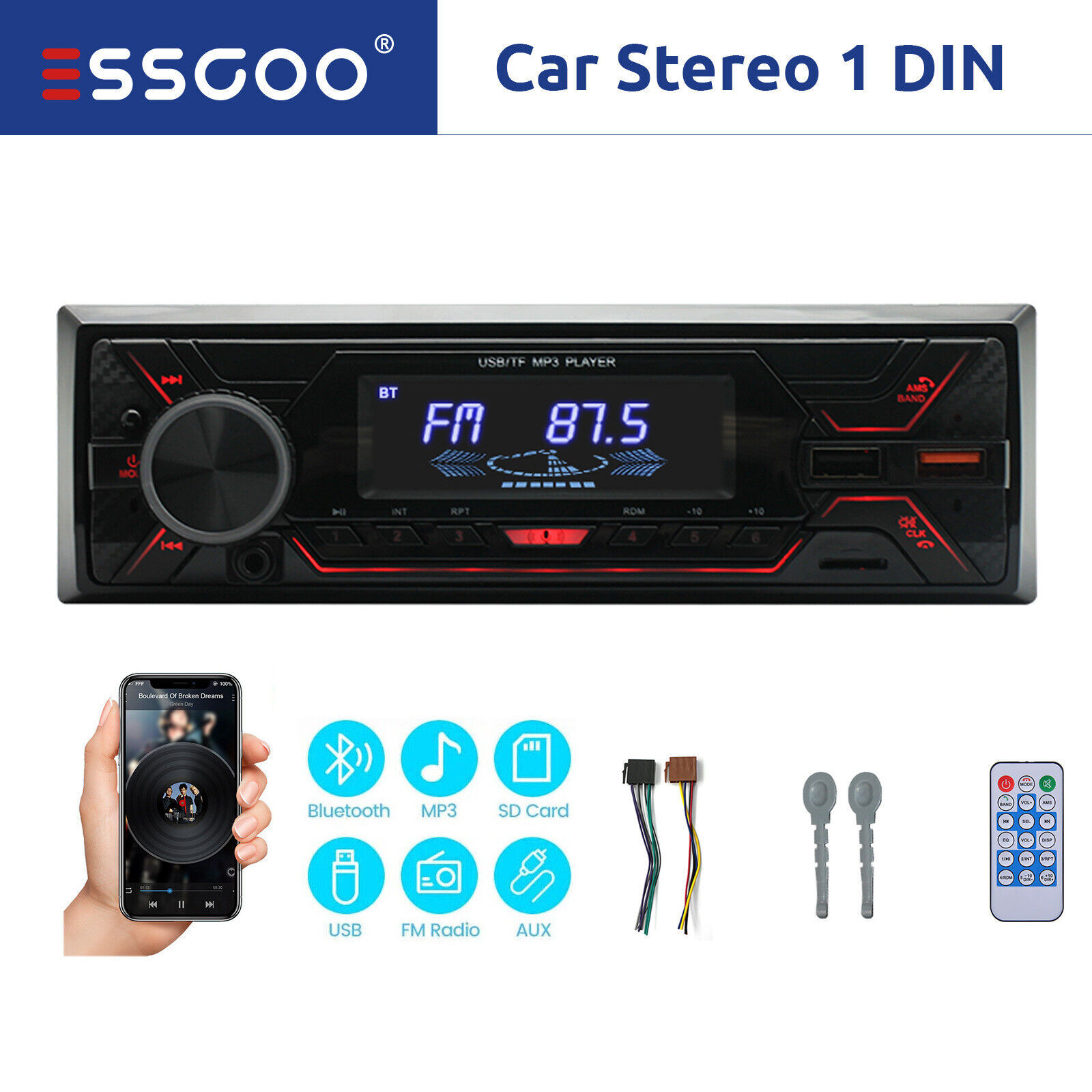 MP3 Player 1 DIN Car Radio Stereo Head Unit USB SD AUX Input FM/AM Bluetooth