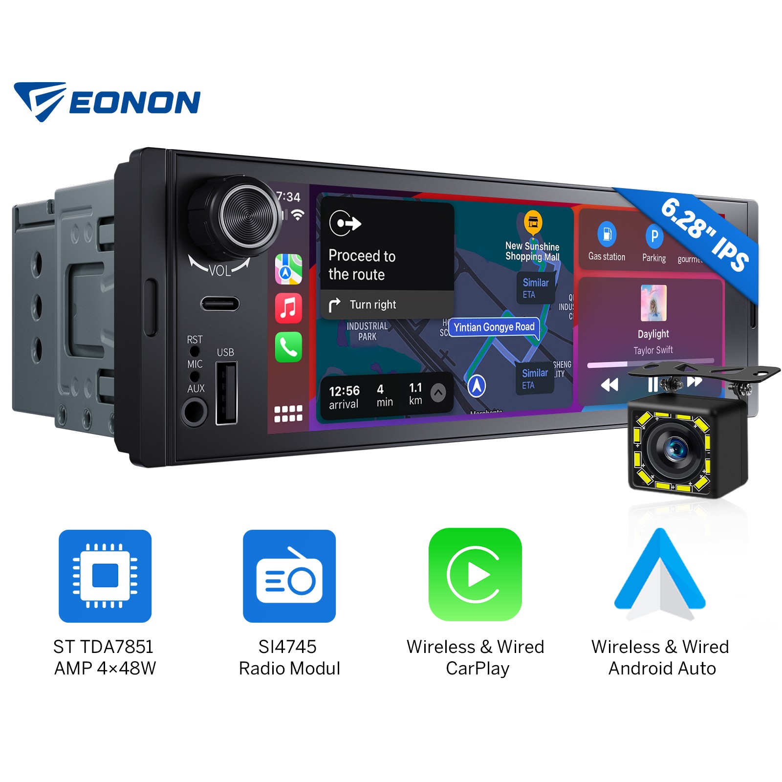 Single DIN 6.28″ IPS Wireless CarPlay Android Auto Receiver Car Stereo Radio CAM
