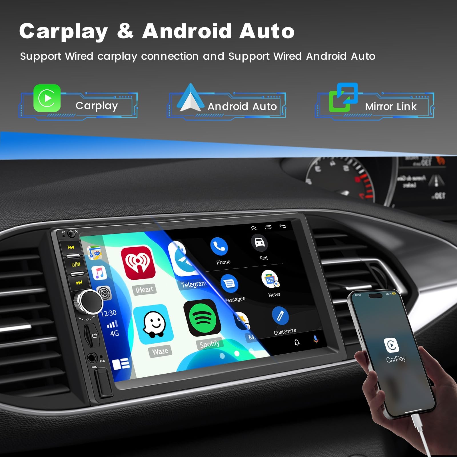 Double Din Car Stereo with Apple CarPlay and Android Auto, 7 Inch HD Touchscr…