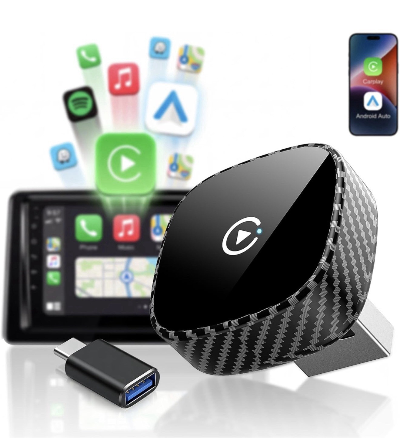 Adaptador Inalámbrico Carplay, Para Apple Iphone Y Android. Bluetooth Y Wi-Fi.