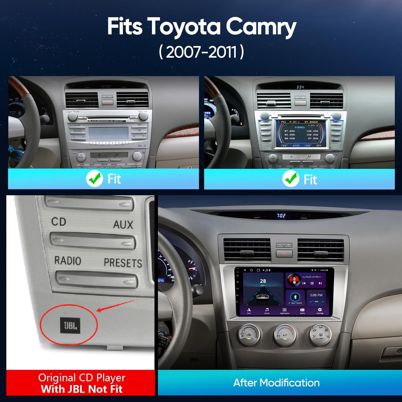 9″ Touchscreen Wireless Carplay Android Auto Stereo for 2007-2011 Toyota Camry