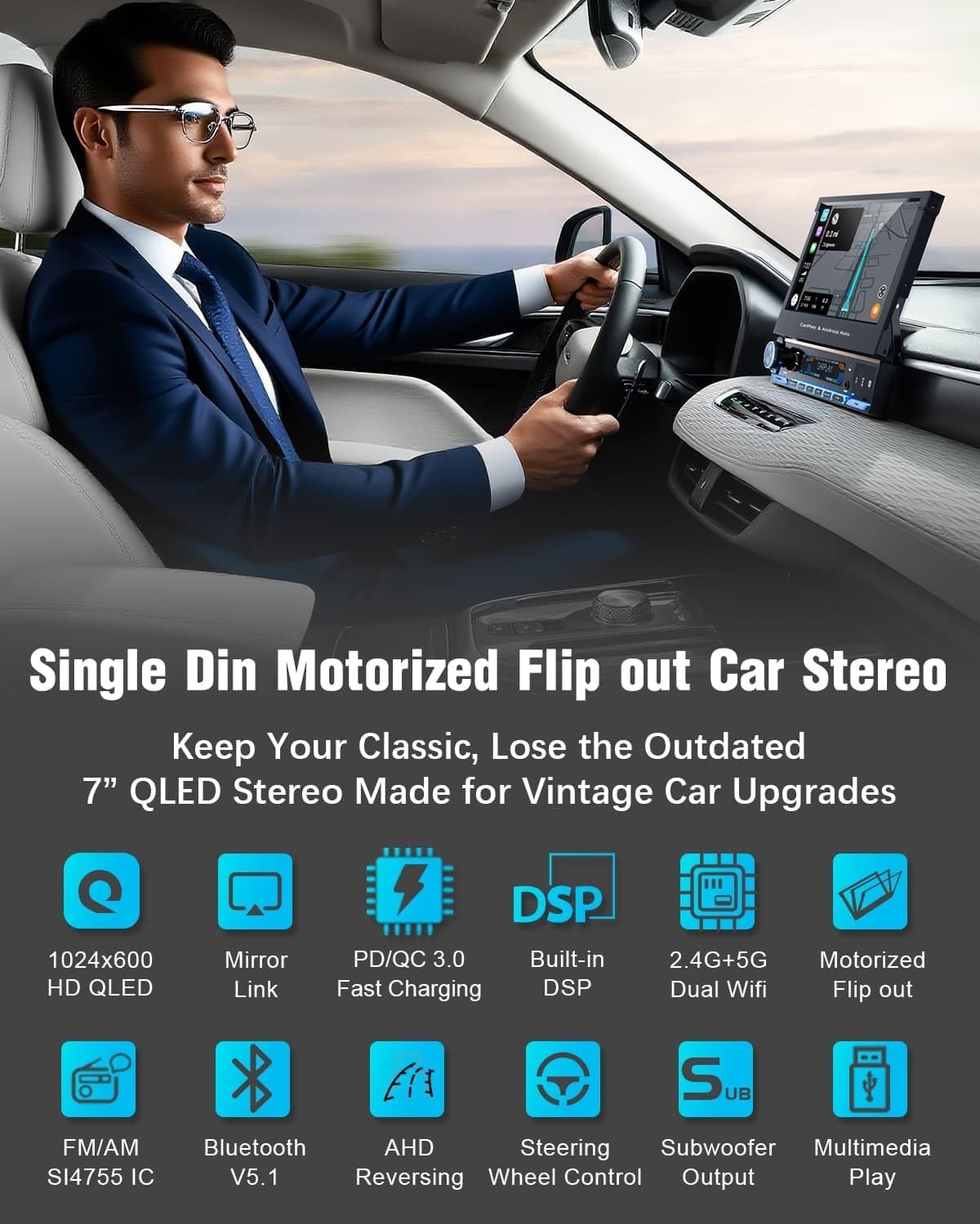 Single Din Touchscreen Radio SOOEMAKA Wireless CarPlay QLED Flip Out