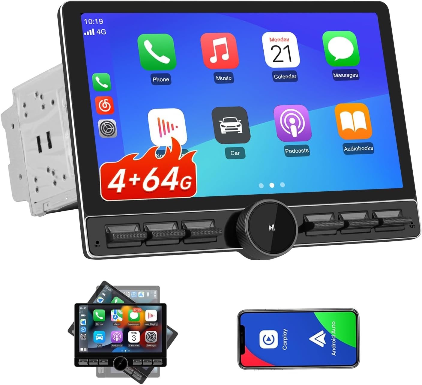 10.6″ Android 13 Double Din Car Radio 4+ 64G W/L 4G Knob Button GPS DSP Wi