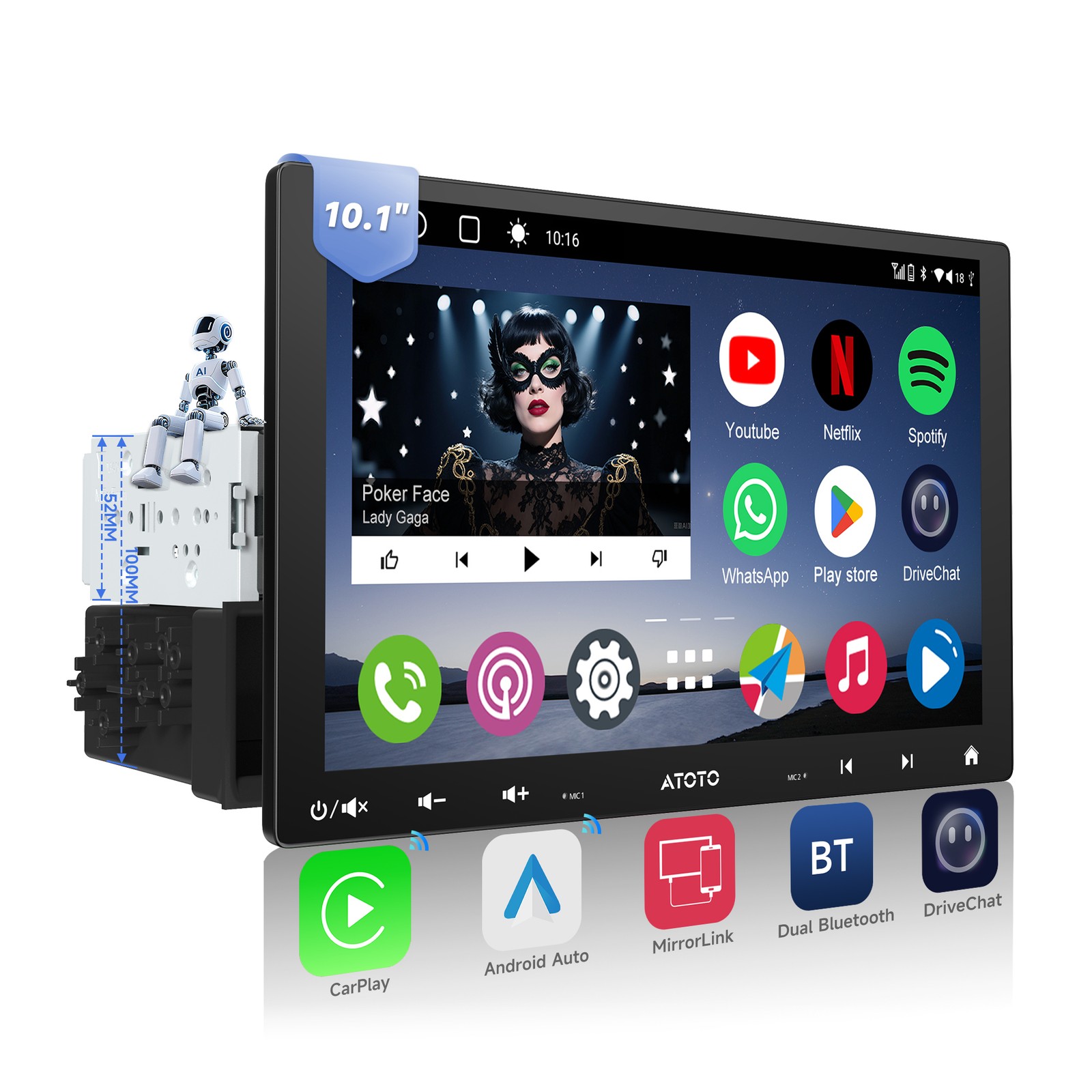 ATOTO 10.1” A6 Single &Double Din Android Car Stereo Dual Bluetooth GPS +HD CAM
