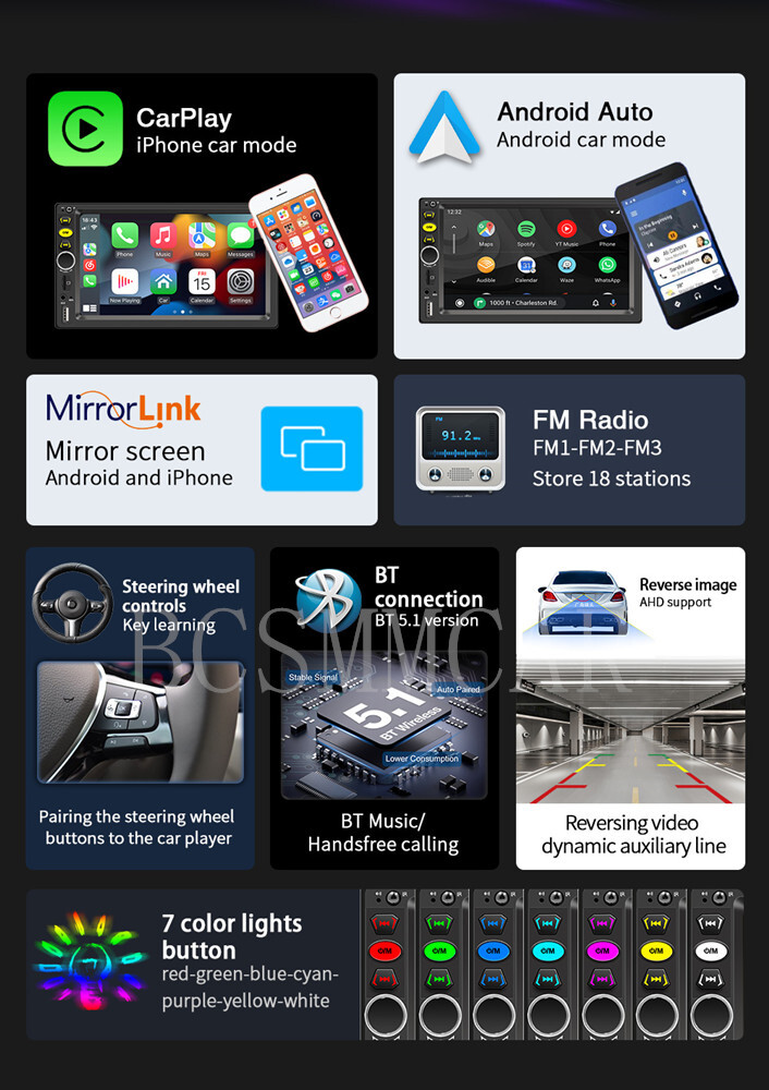 7in Car Radio Double 2Din For Apple Carplay Andriod Auto Stereo Touch Screen AUX