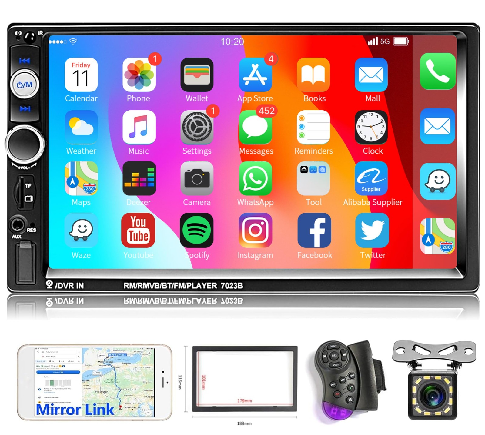 Double Din Car Stereo 7-inch Touch Screen Bluetooth Mirror Link USB AUX FM