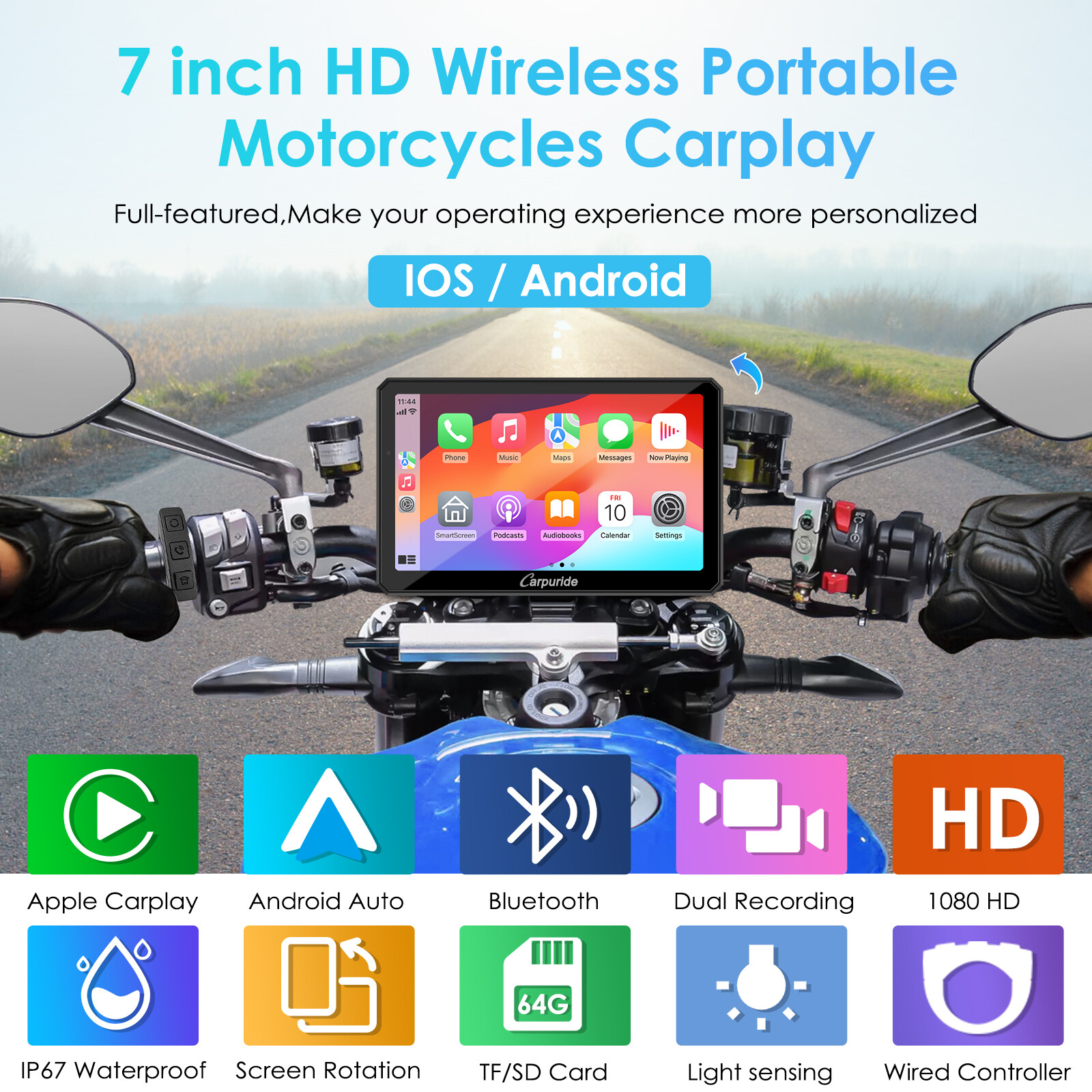 Carpuride W712D Wireless Carplay Android Auto Motorcycle Wired Controlled TPMS