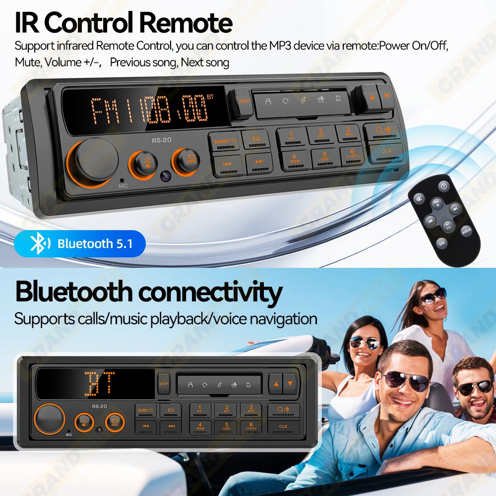 Retro Car Radio 1DIN Stereo FM AM RDS DAB Receiver EQ Bluetooth MP3 Audio Player