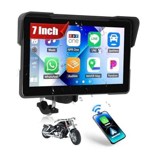 Motorcycle CarPlay Screen, 7″ Waterproof Portable 7-inch Landscape Screen